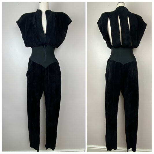 1980s Black Leather Jumpsuit, Climax, Size Medium