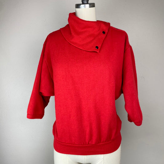1980s Red Short Sleeve Sweatshirt, H.G. Sport Size Medium, Asymmetrical Turtle Neck
