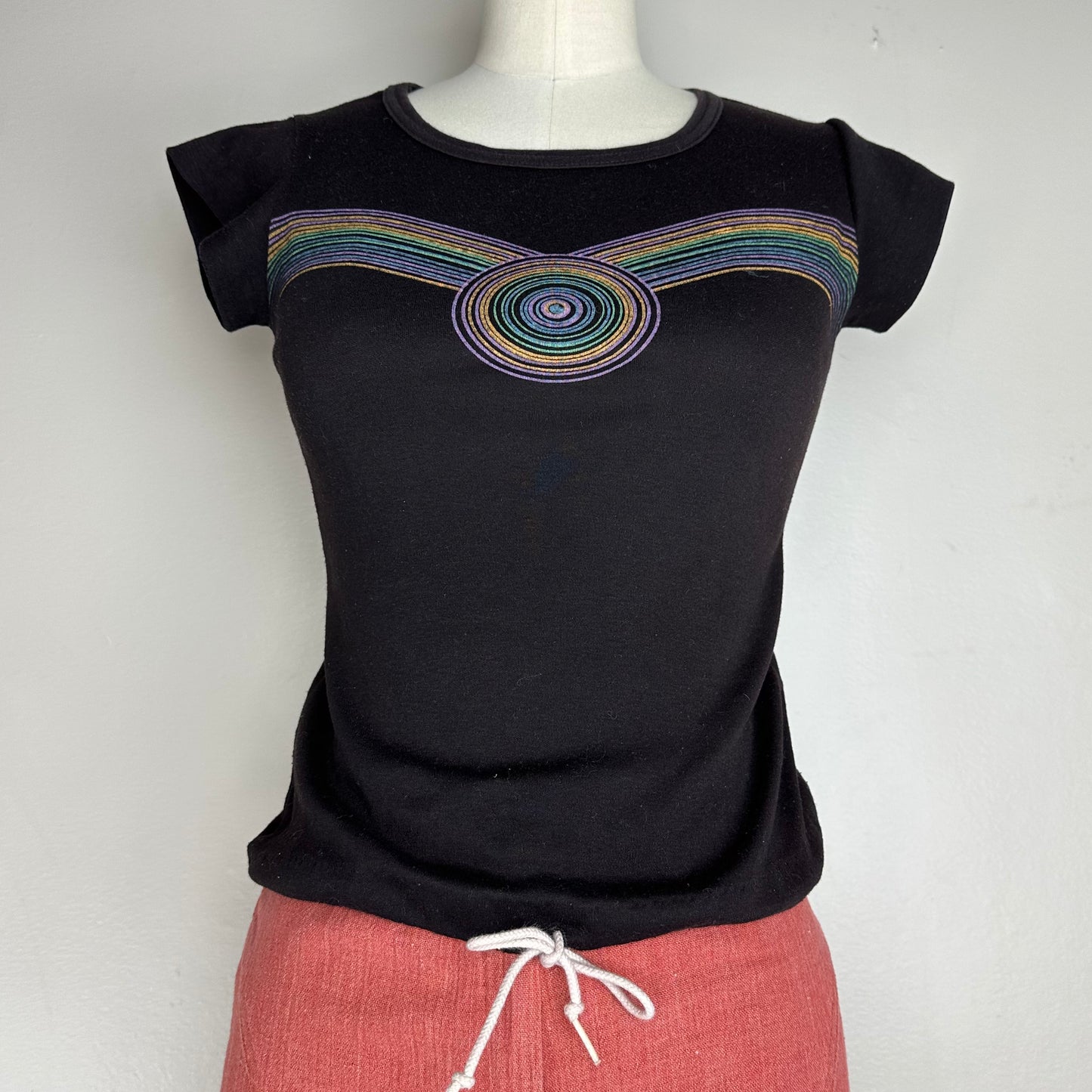 1970s Black French Cut Psychedelic Rainbow Tee, Size XS, Drawstring Waist