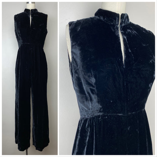 1960s Black Velvet Jumpsuit, Size Small, Flare Leg, Keyhole Cut Out, Sleeveless