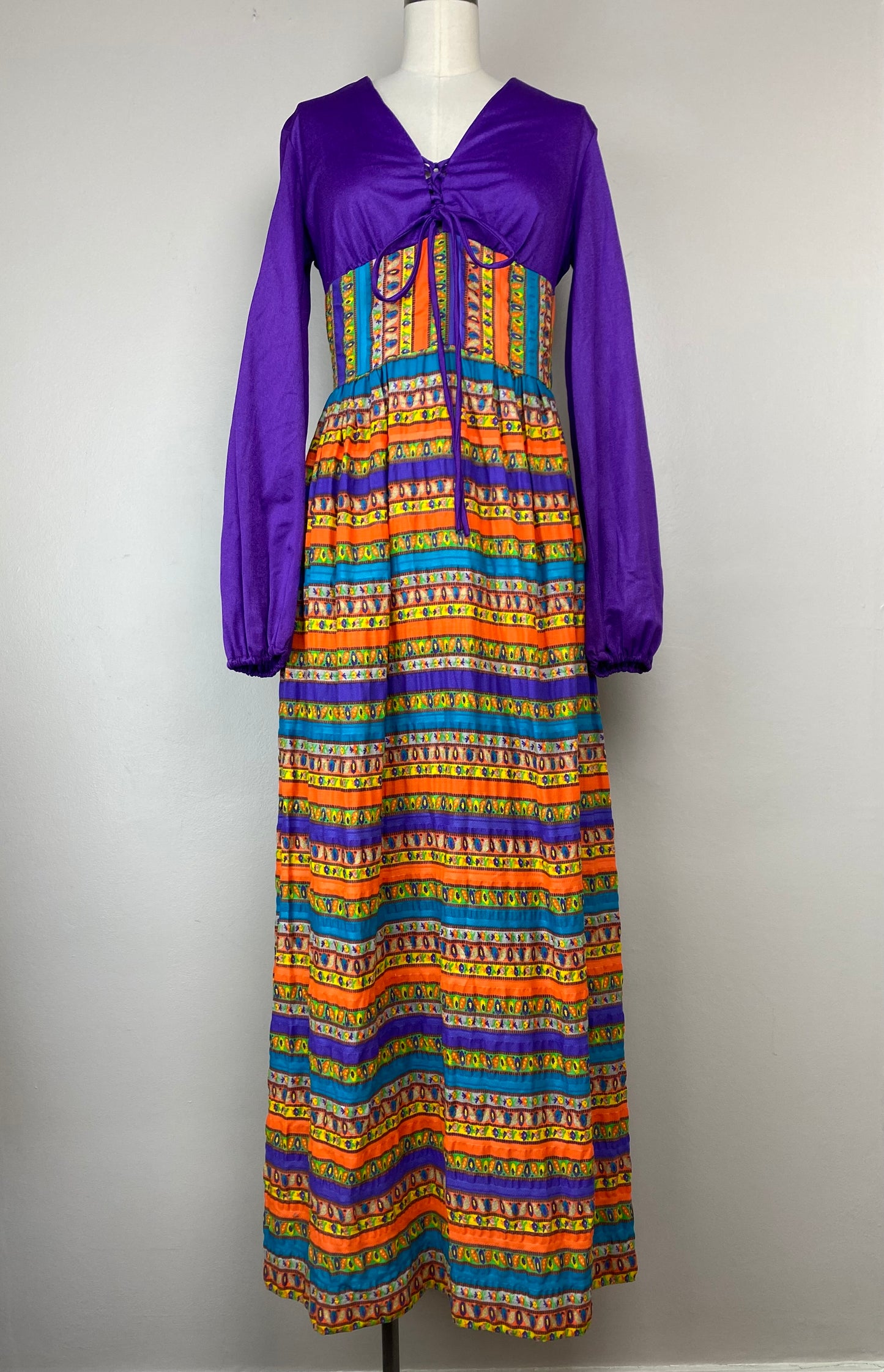 1970s Renaissance Inspired Bright Psychedelic Boho Dress, Size Small, Purple, Floral Stripes