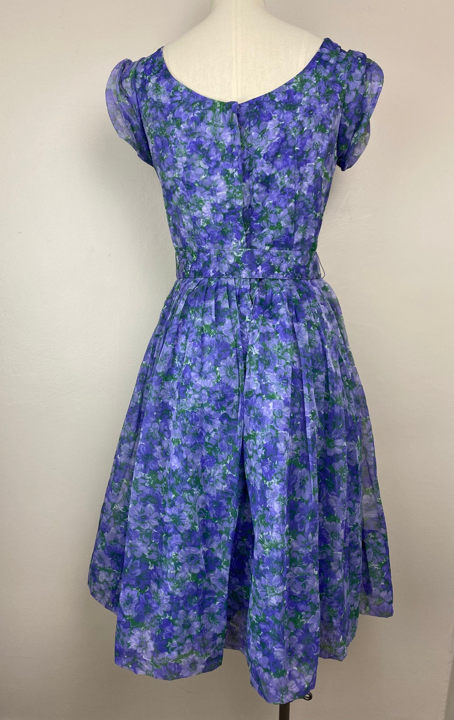 1950s Purple Floral Chiffon Party Dress, Size Medium,