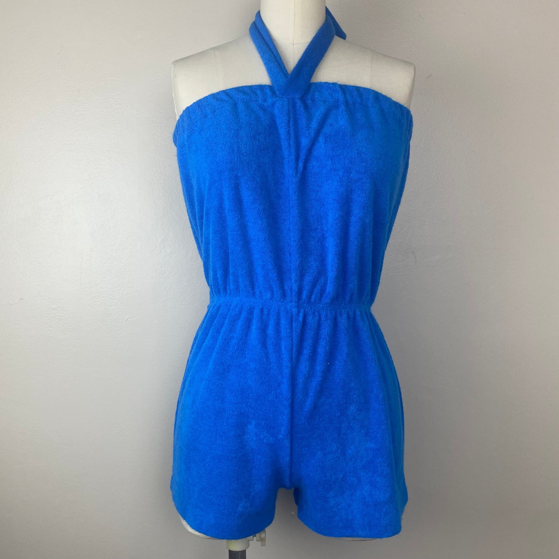 1970s 80s Blue Terry Cloth Romper Size XS Small Bathing Suit Swim Beach Cover Up