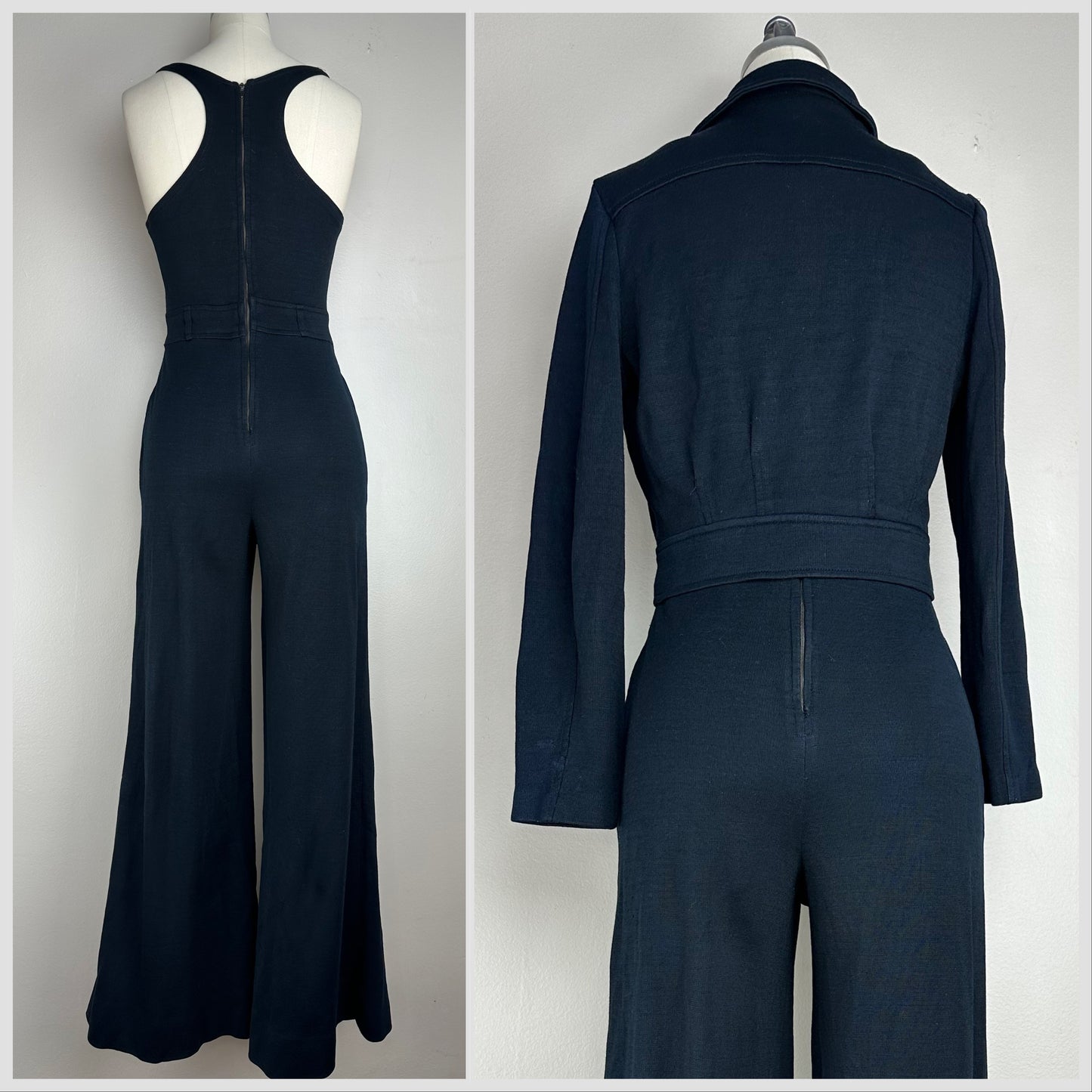 1970s Black Bell Bottom Jumpsuit with Cropped Jacket, Size Small