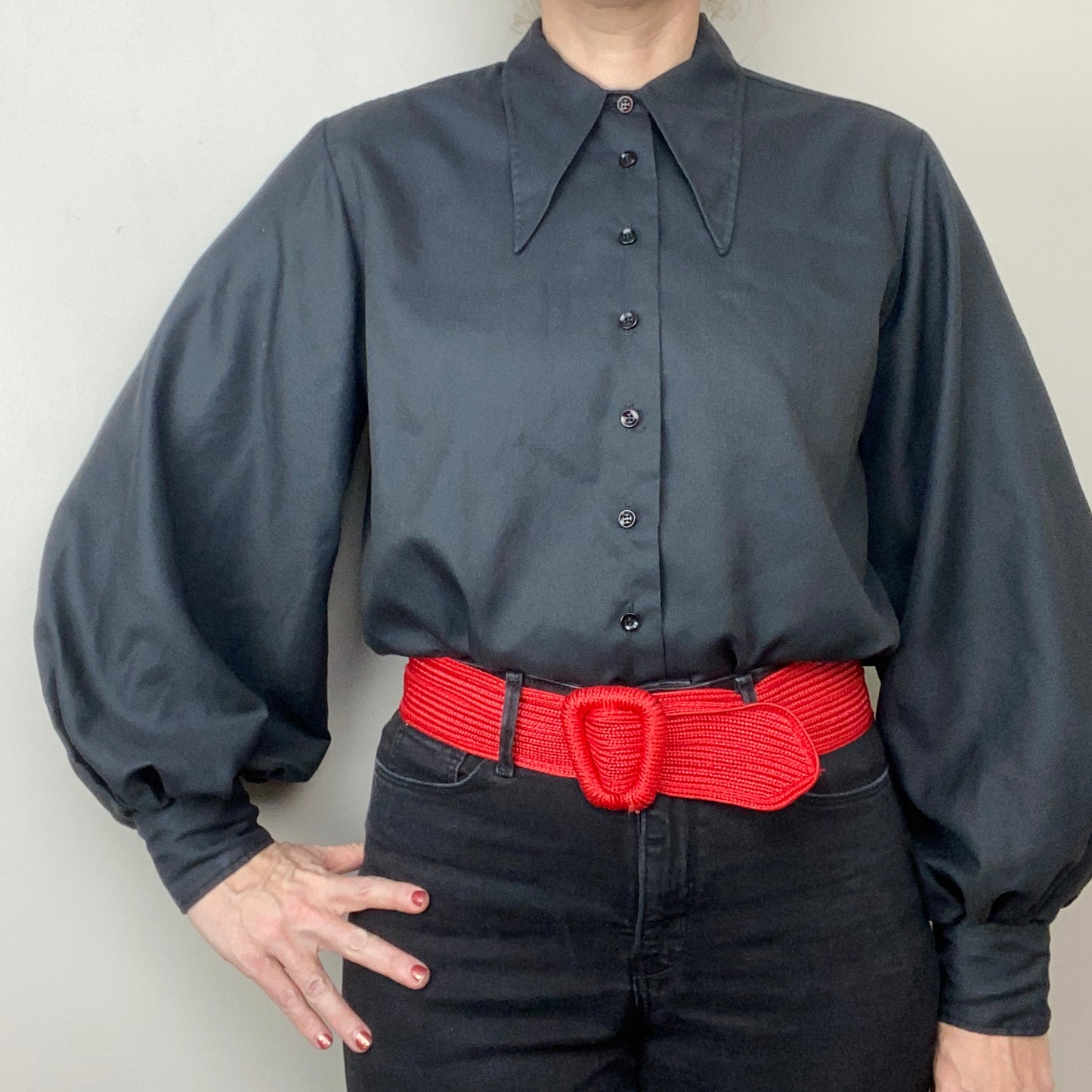 1960s Black Blouse, Cos Cob Size Medium, Dagger Collar, Balloon Sleeves