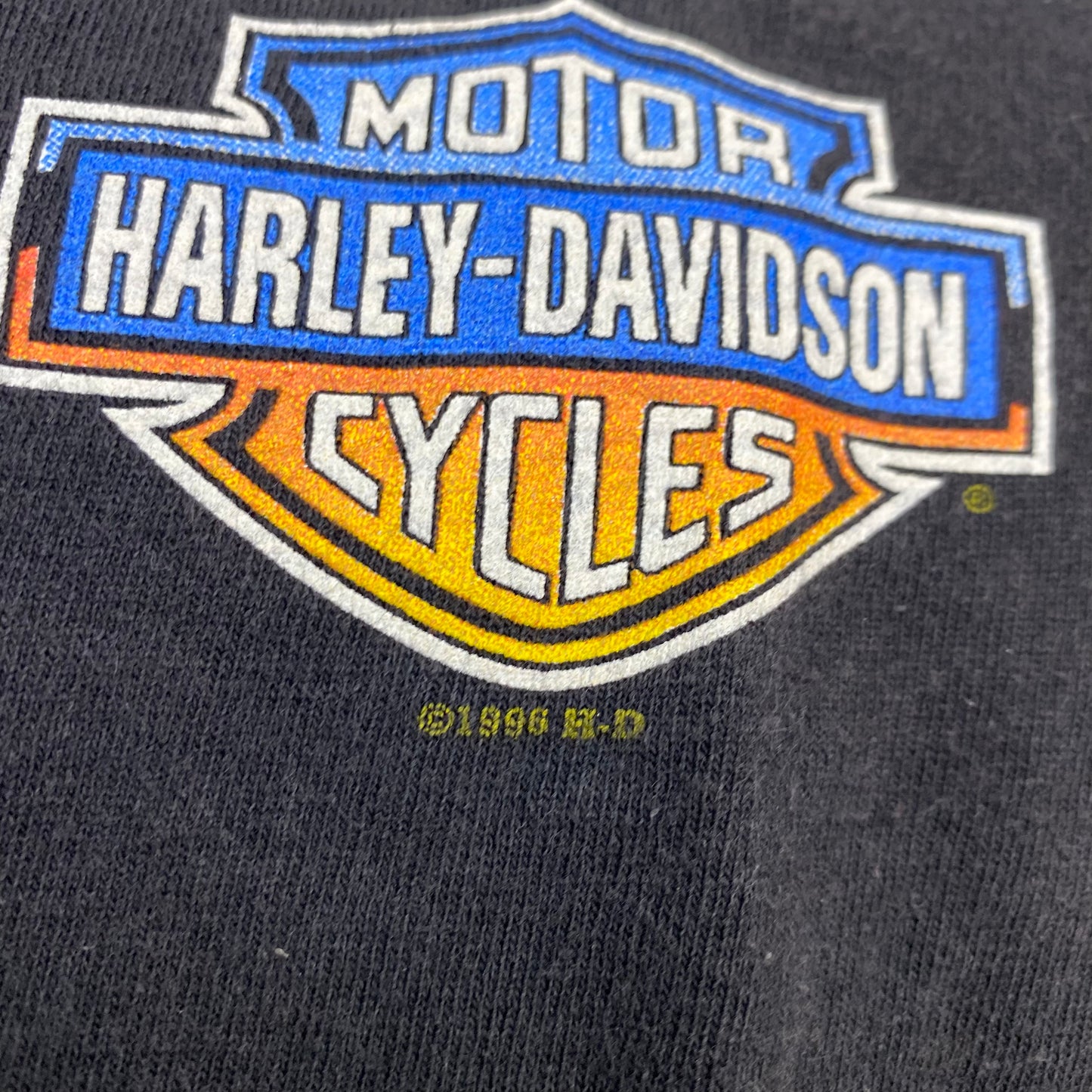 1990s Harley Davidson Motorcycles T-Shirt, Size M/L, Gene Lummus Asheville, NC, Holoubek 1996