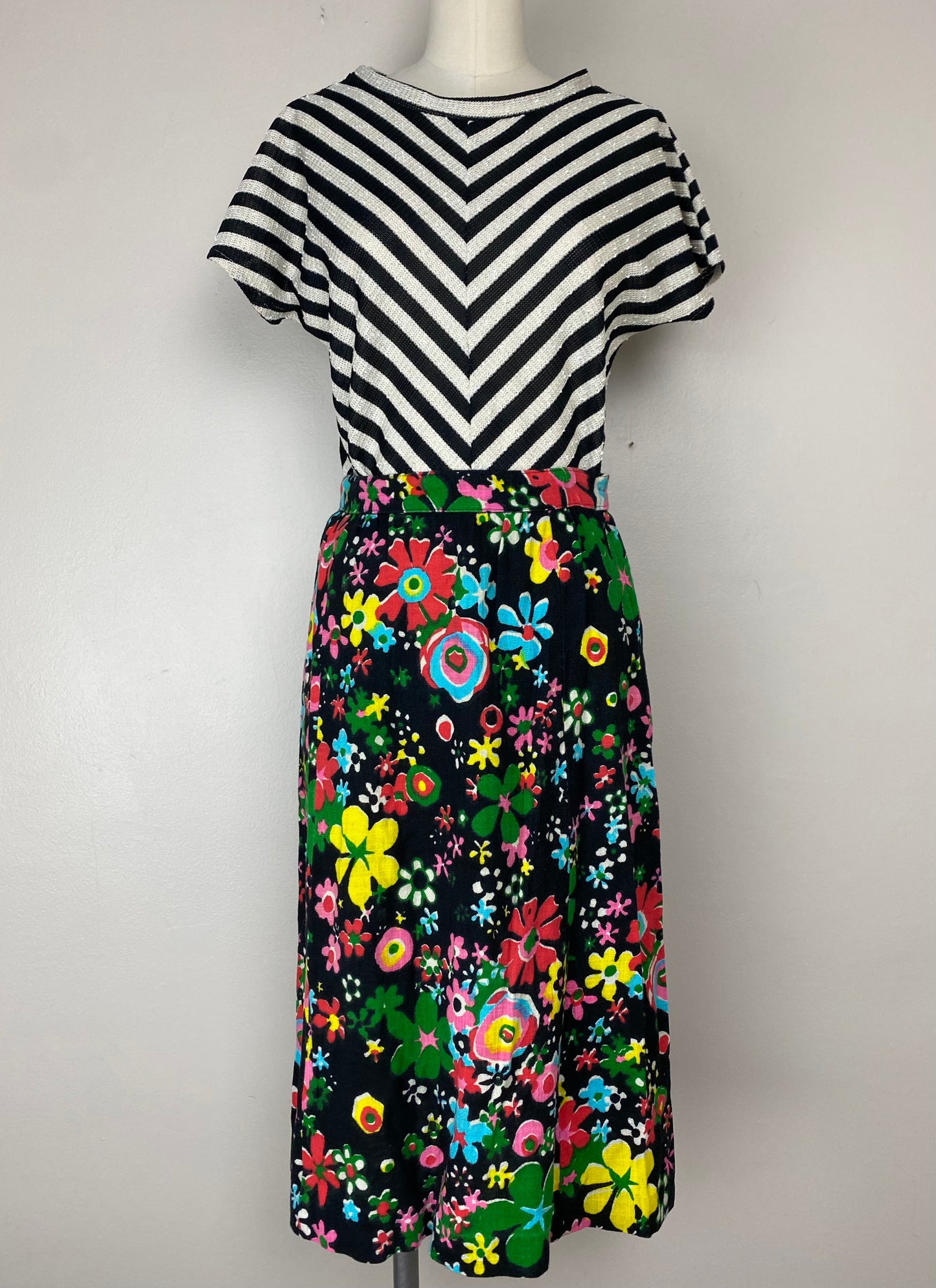 1960s Black and Brights Floral A-Line Midi Skirt, Size Small, Handmade