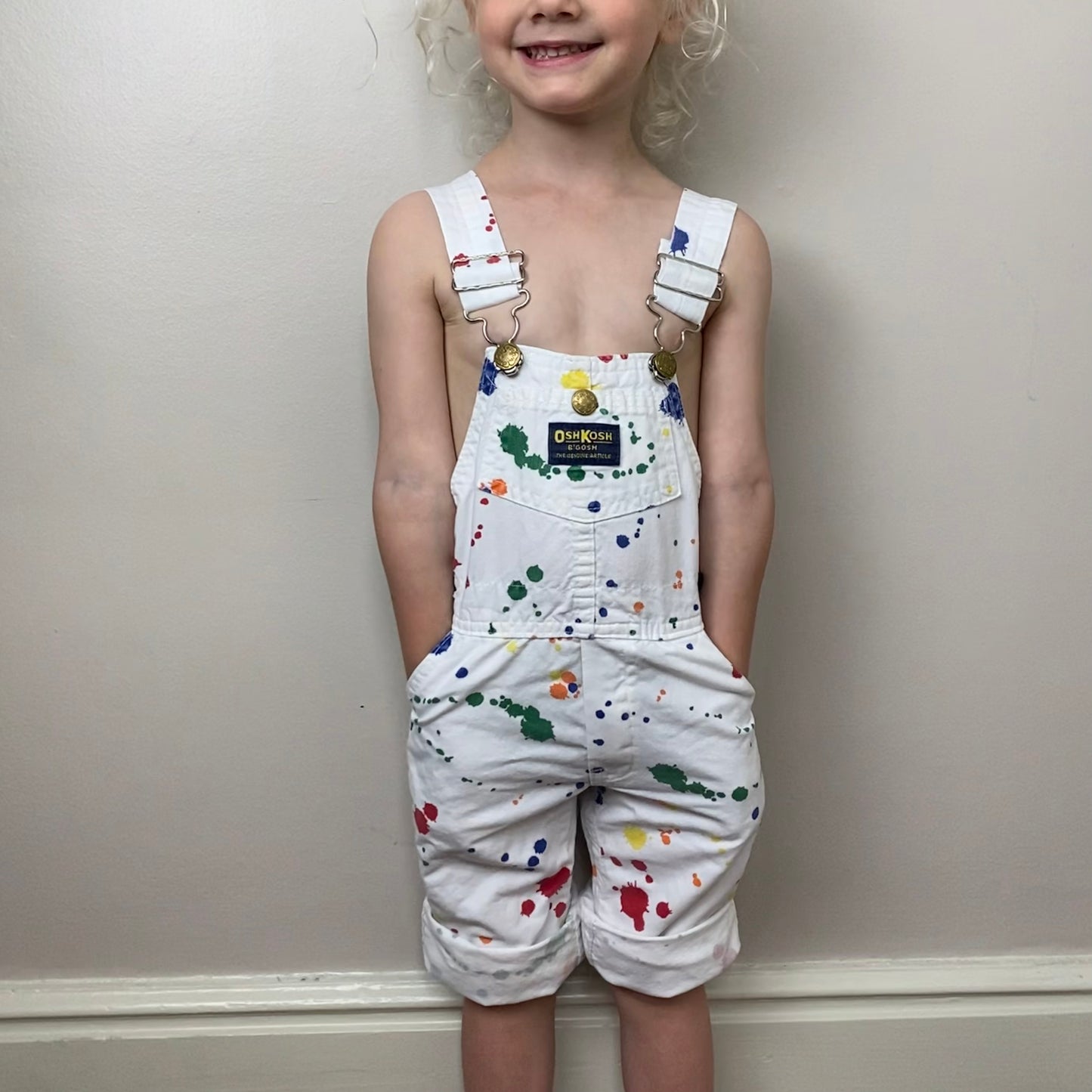 1980s Oshkosh Overalls, White with Rainbow Splatter Paint, Size 2T