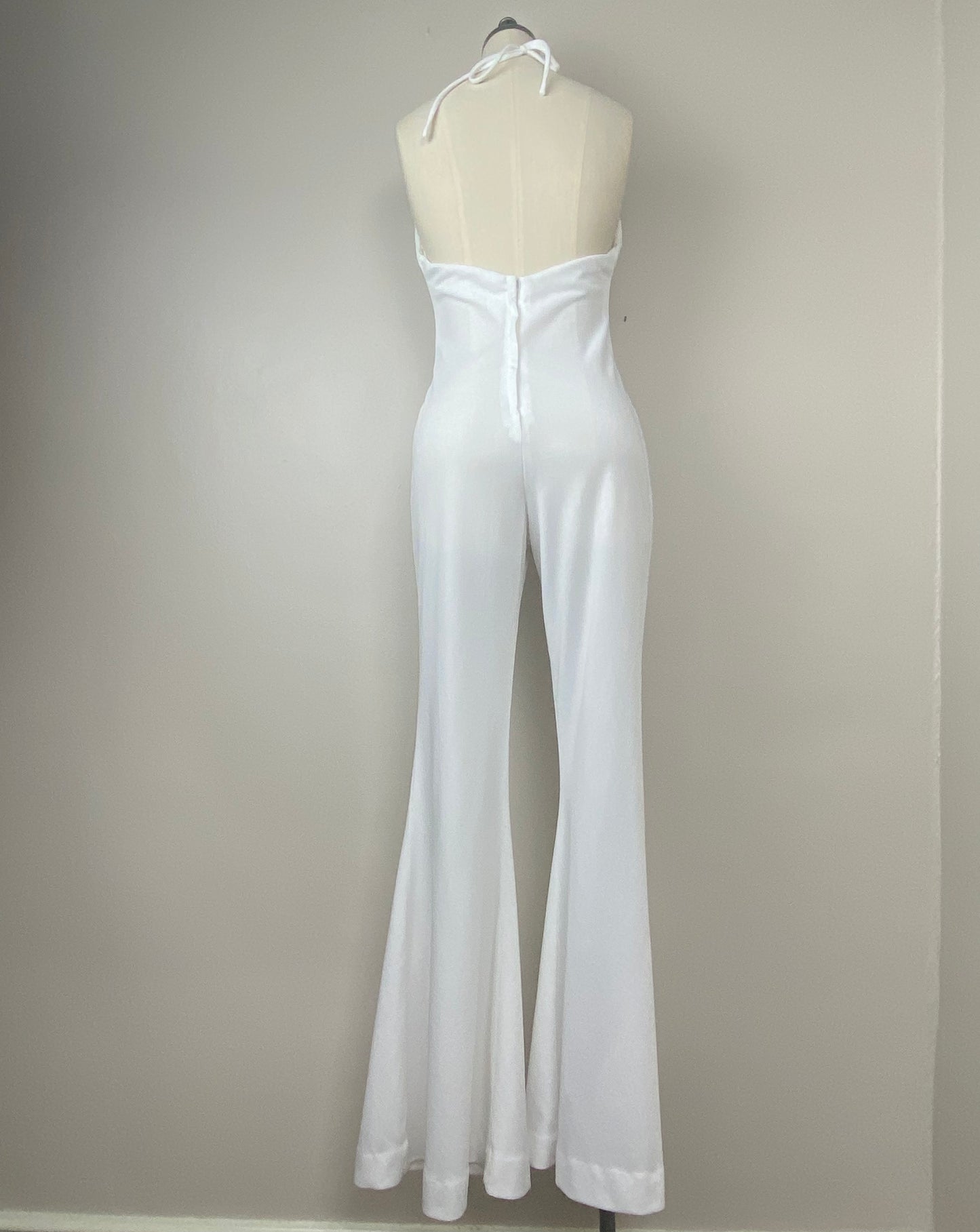 1970s White Bell Bottom Halter Jumpsuit, Size S/M