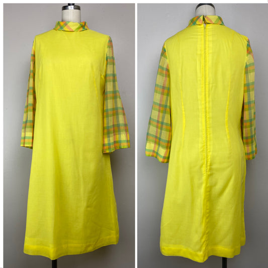 1960s Mod Yellow Dress with Plaid Sleeves, Size Medium