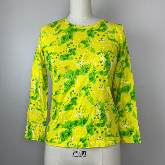 1970s Lilly Pulitzer Big Cat Long Sleeve T-Shirt, The Minnie by Lilly, Size Youth 14/Adult XS