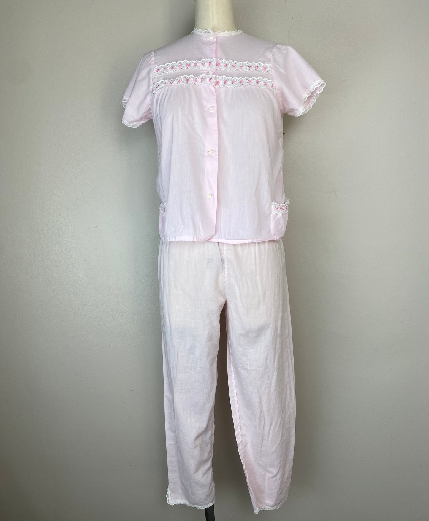 1950s Pastel Pink Pajamas, Size XXS/XS, Matching Top and Cropped Pants