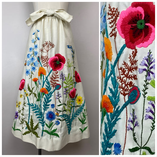 1970s Hand Embroidered Wrap Skirt, Homemade, Size Small