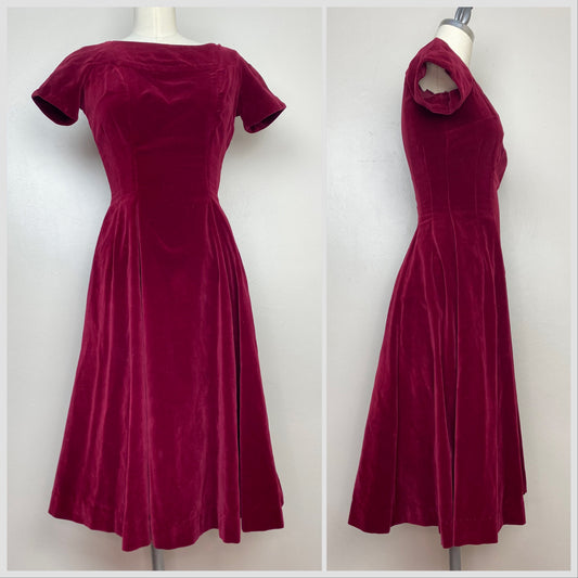 1950s Burgundy Velvet Dress, Size XS, Short Sleeve