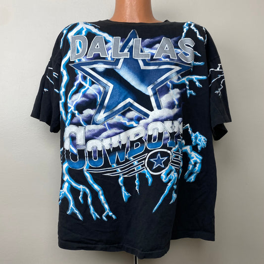 1990s Dallas Cowboys Lightning All Over Print T-Shirt, Salem Sportswear Size XL/XXL