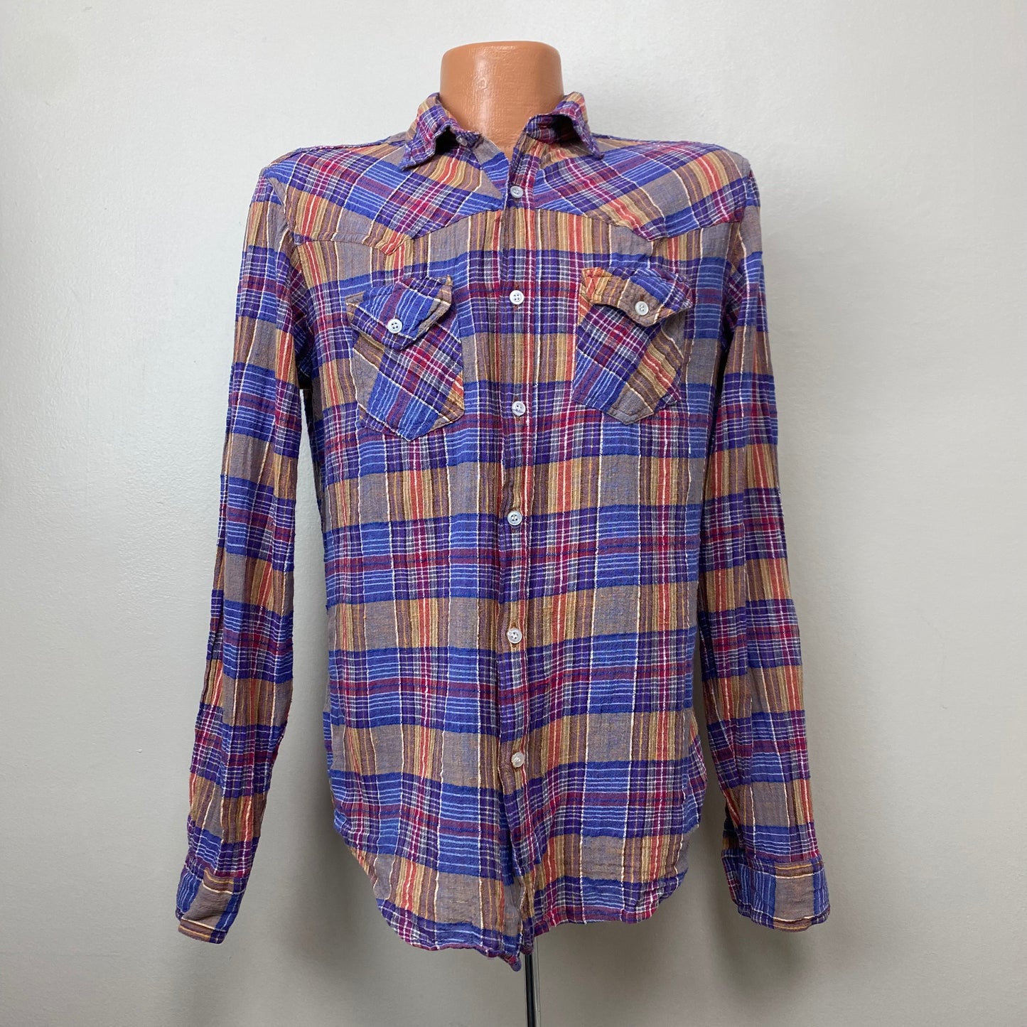 1970s Pier Connection Cotton Gauze Plaid Shirt, Size Medium