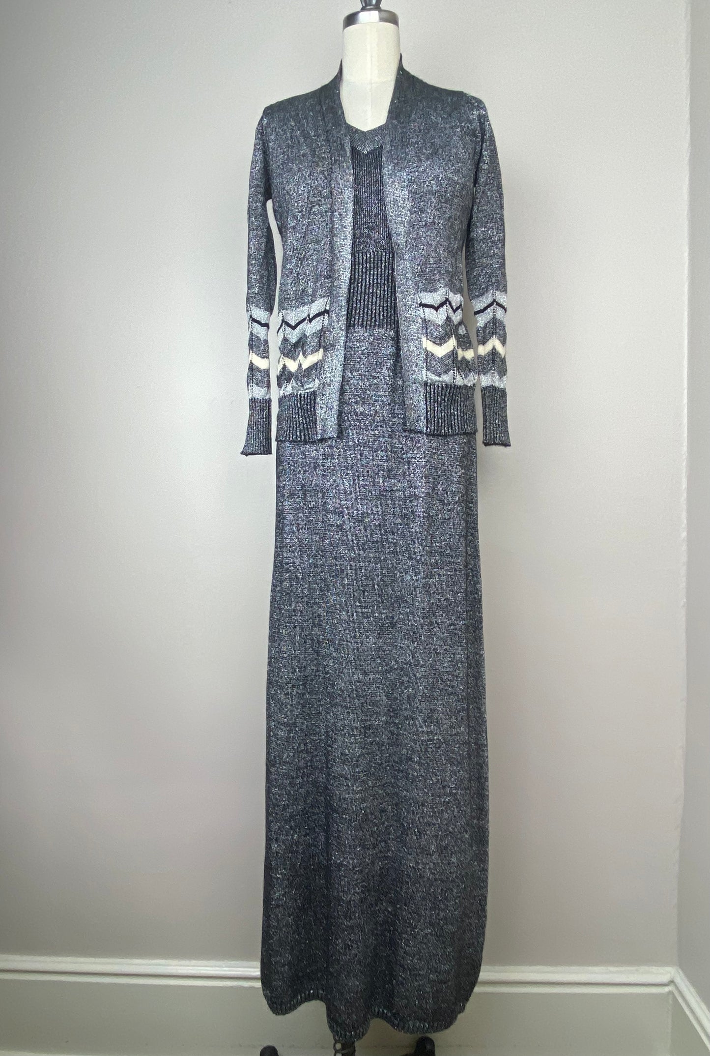 1970s Knit Lurex Maxi Dress and Cardigan, Jon-Michel Size XS-S, Sweater Dress Set