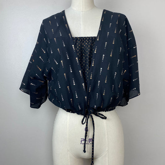 1970s 2 Piece Blouse Set, Sheer Black with Gold Glitter Dots, Red Pepper Size Medium