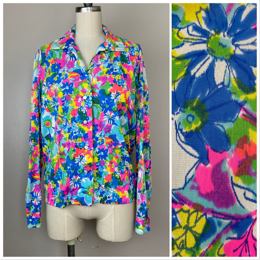 1970s Bright Floral Nylon Blouse, Size S/M, Neon Pink