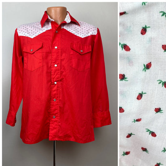 1970s Western Shirt, Red with Floral Yoke, Size Medium
