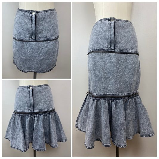 1980s Black Acid Wash Denim 3 in 1 Convertible Skirt with Zip Off Ruffle, London London Size Small
