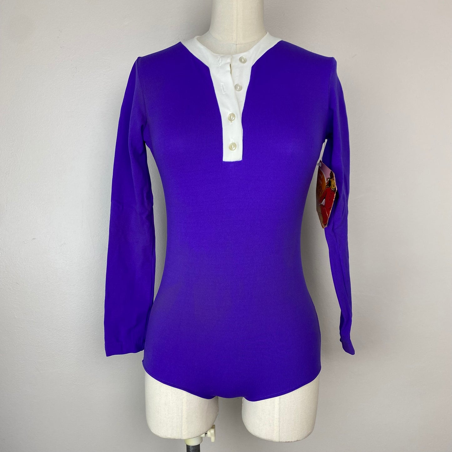 1970s Purple Henley Bodysuit, Carol Evans, Size XS, Deadstock NWT