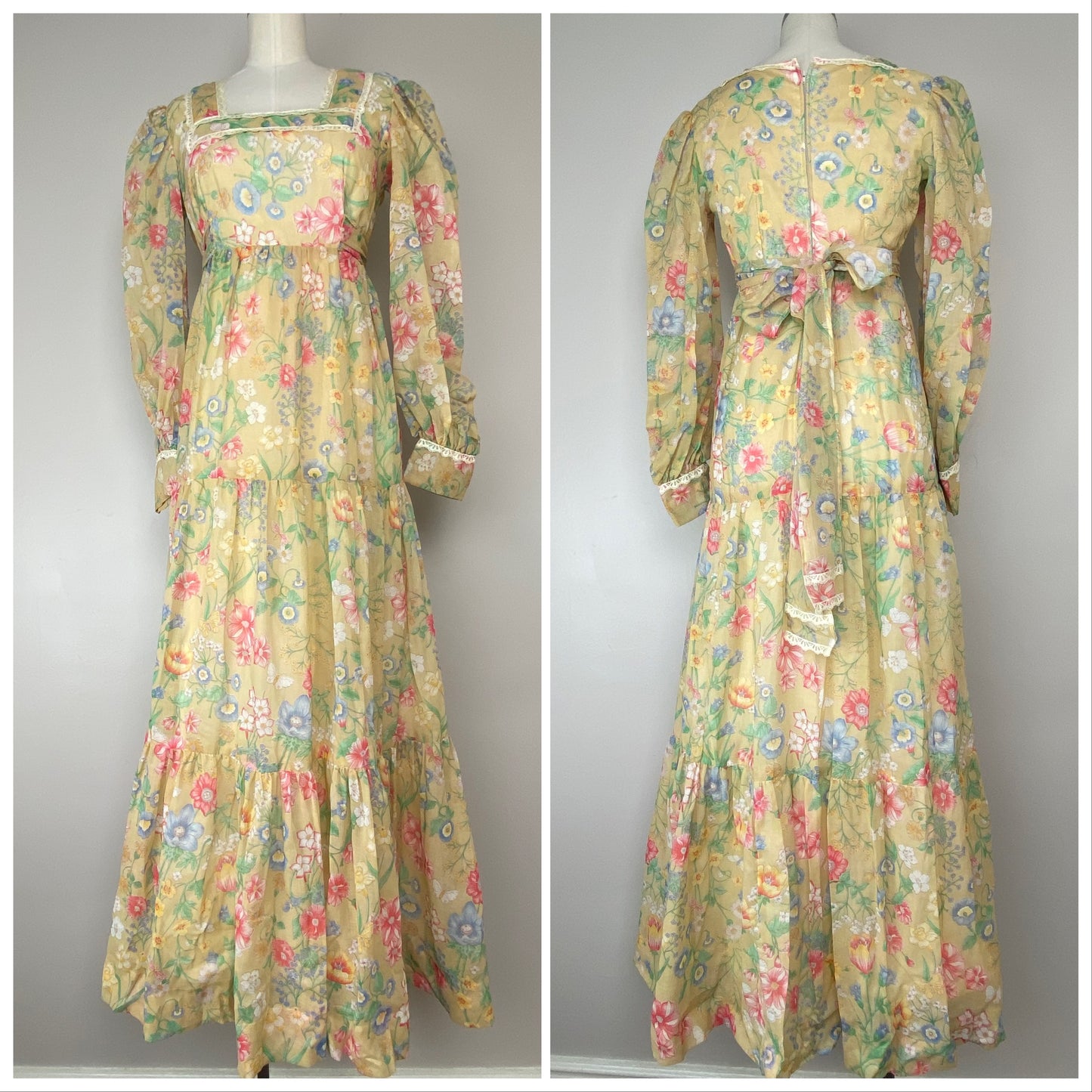 1970s Homemade Prairie Maxi Dress, Size XS/S, Gunne Sax Pattern?