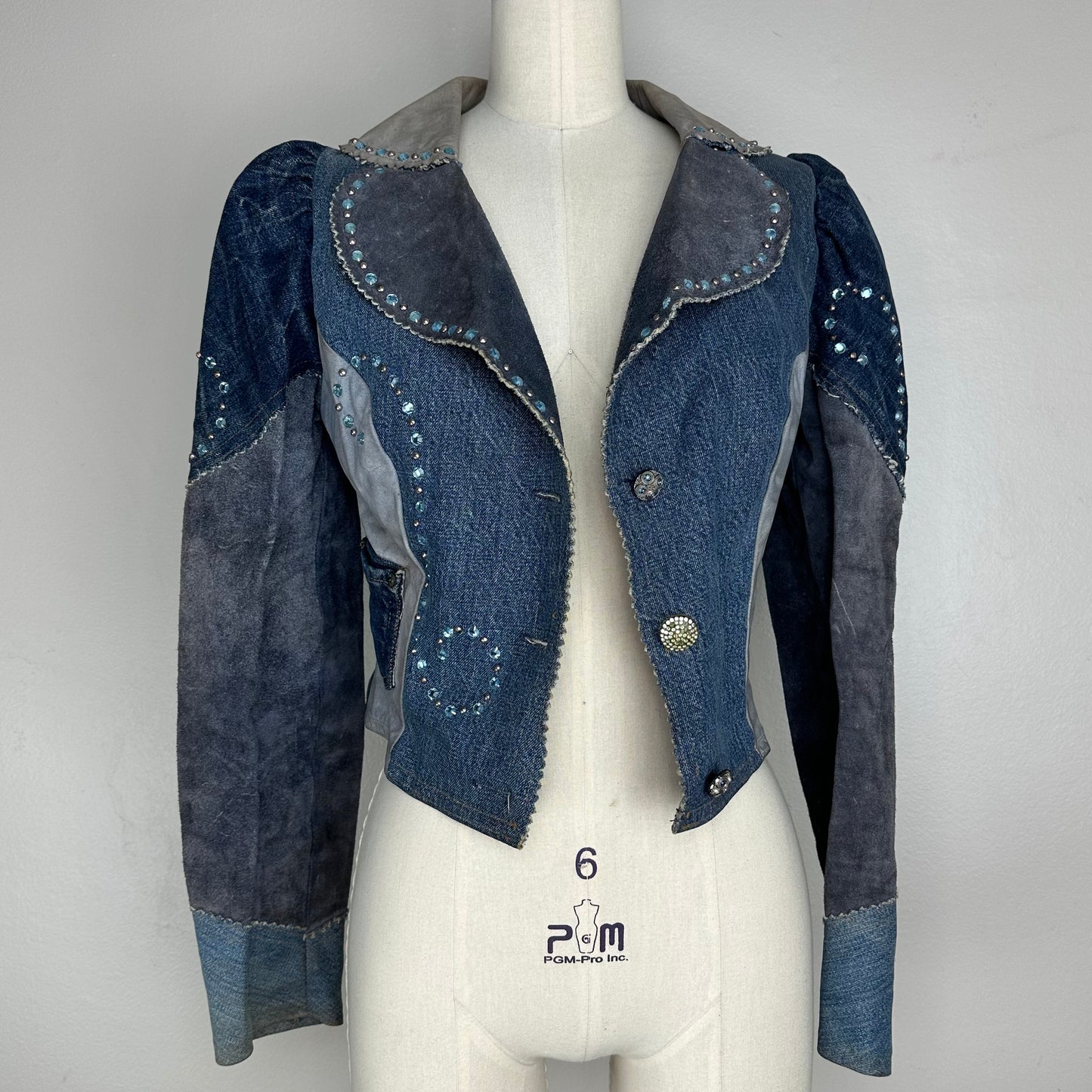 1970s Love Melody Denim and Leather Patchwork Jacket, Size Small