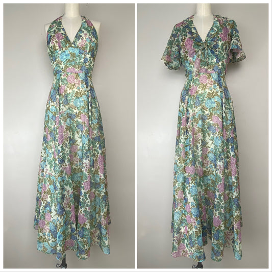 1970s Arjon Floral Halter Maxi Dress with Coverlet, Tie Front Cropped Blouse, Size XS