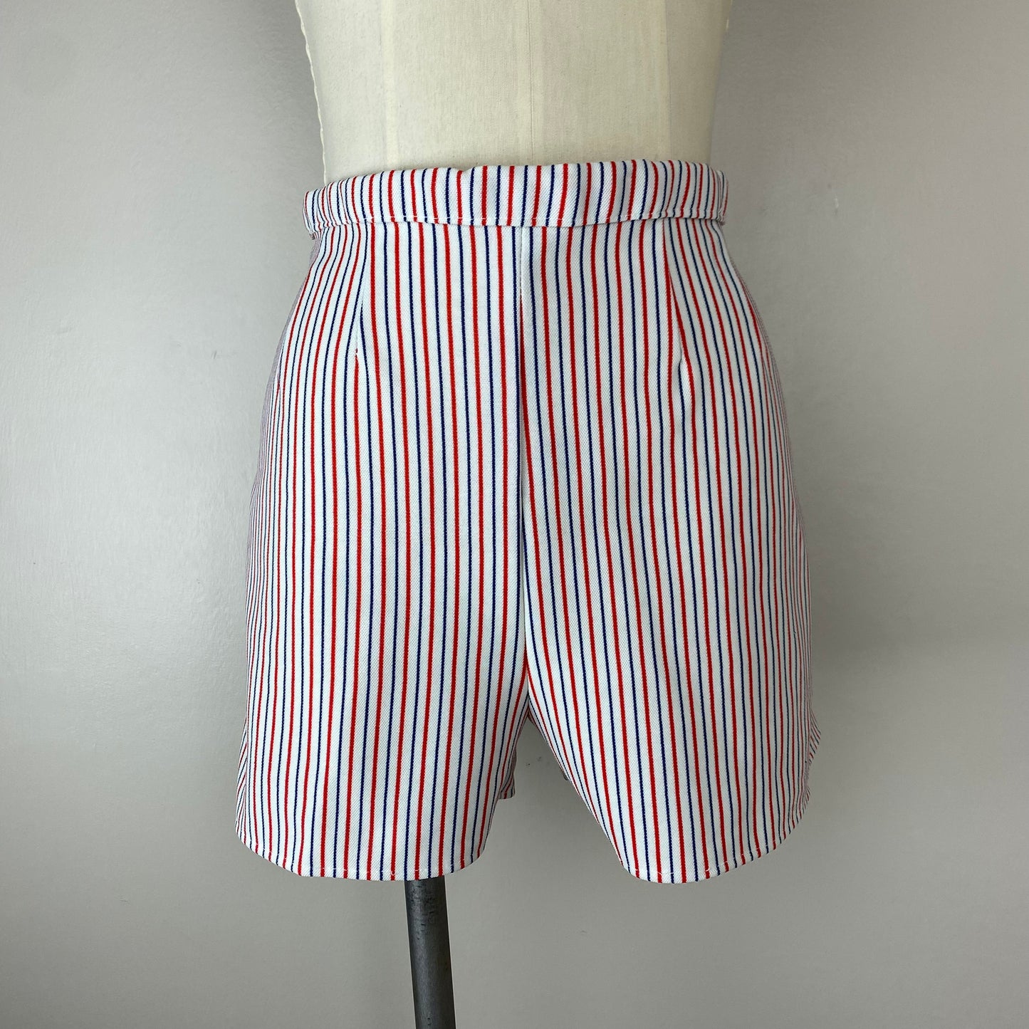 1970s Red White and Blue Striped Shorts, Handmade, Size Medium, 28" Waist, High Waisted with Back Zip