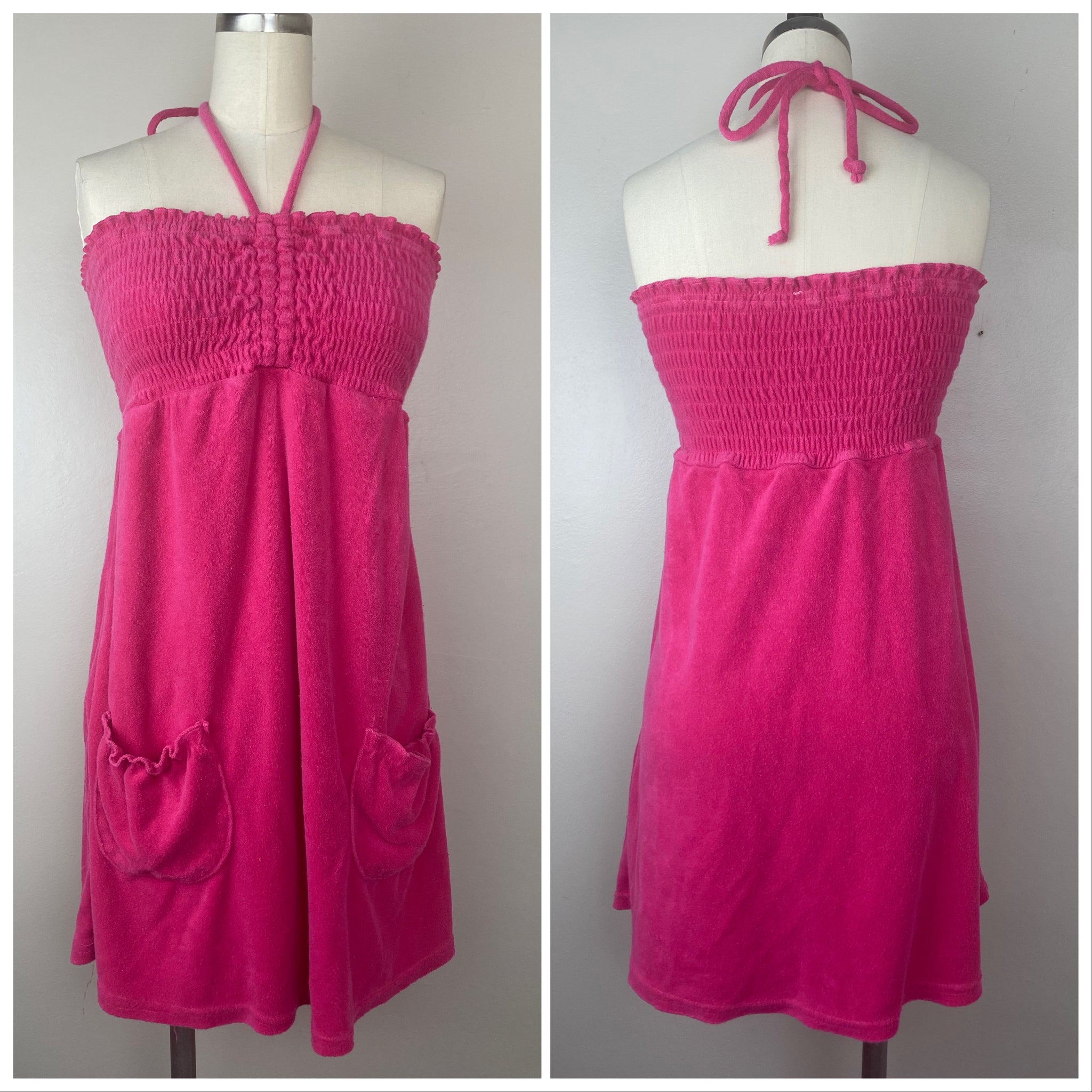 1980s Pink Terry Cloth Halter Dress, Size Small, Bathing Suit Swim Cov Proveaux Vintage