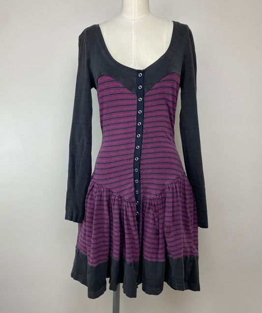 1980s Betsey Johnson Knit Mini Dress, Size S/M, Punk Label, Purple and Black Stripes, Low Waisted