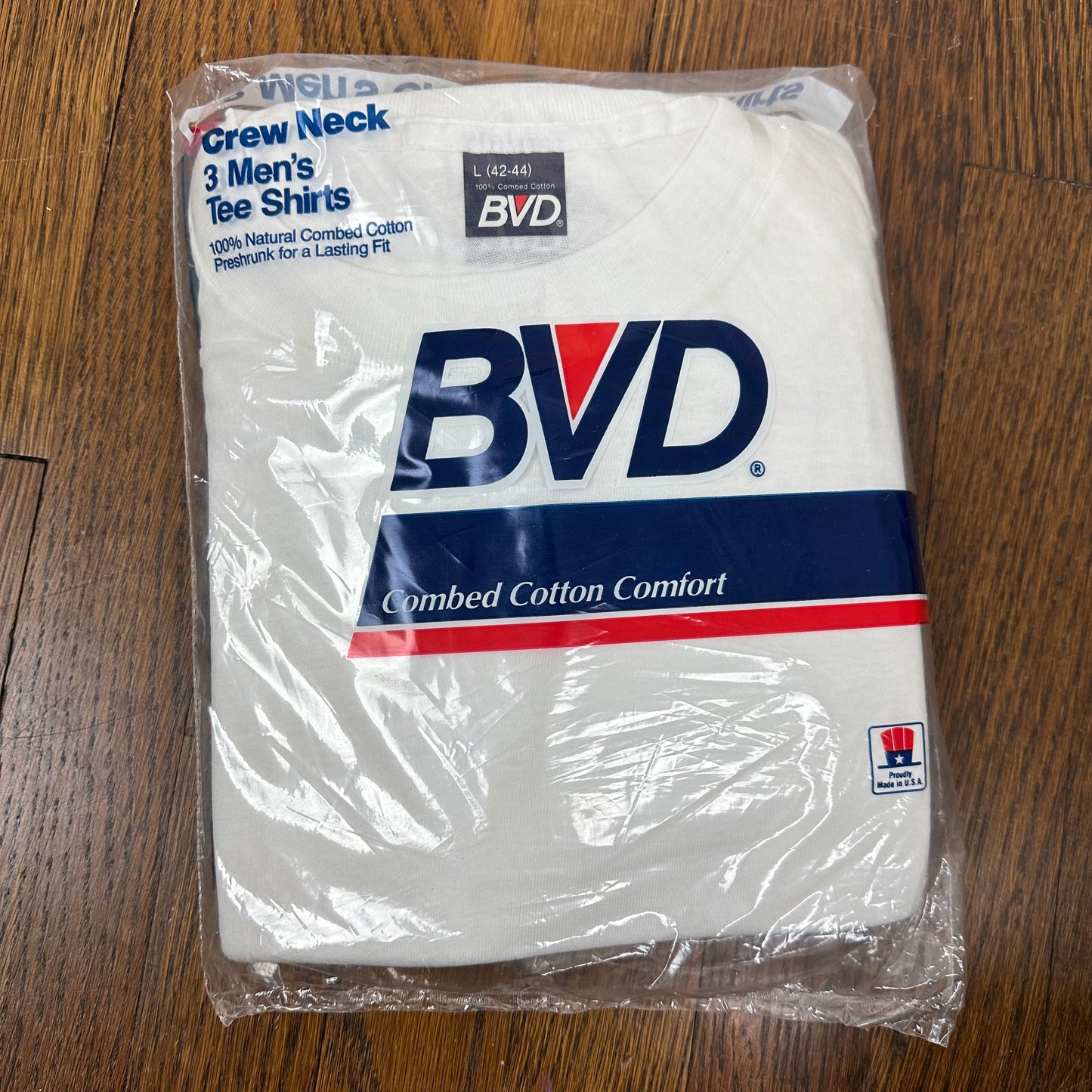 1980s BVD White Undershirts, Size Large, New Old Stock in Package, Crew Neck 3 Men's Tee Shirts