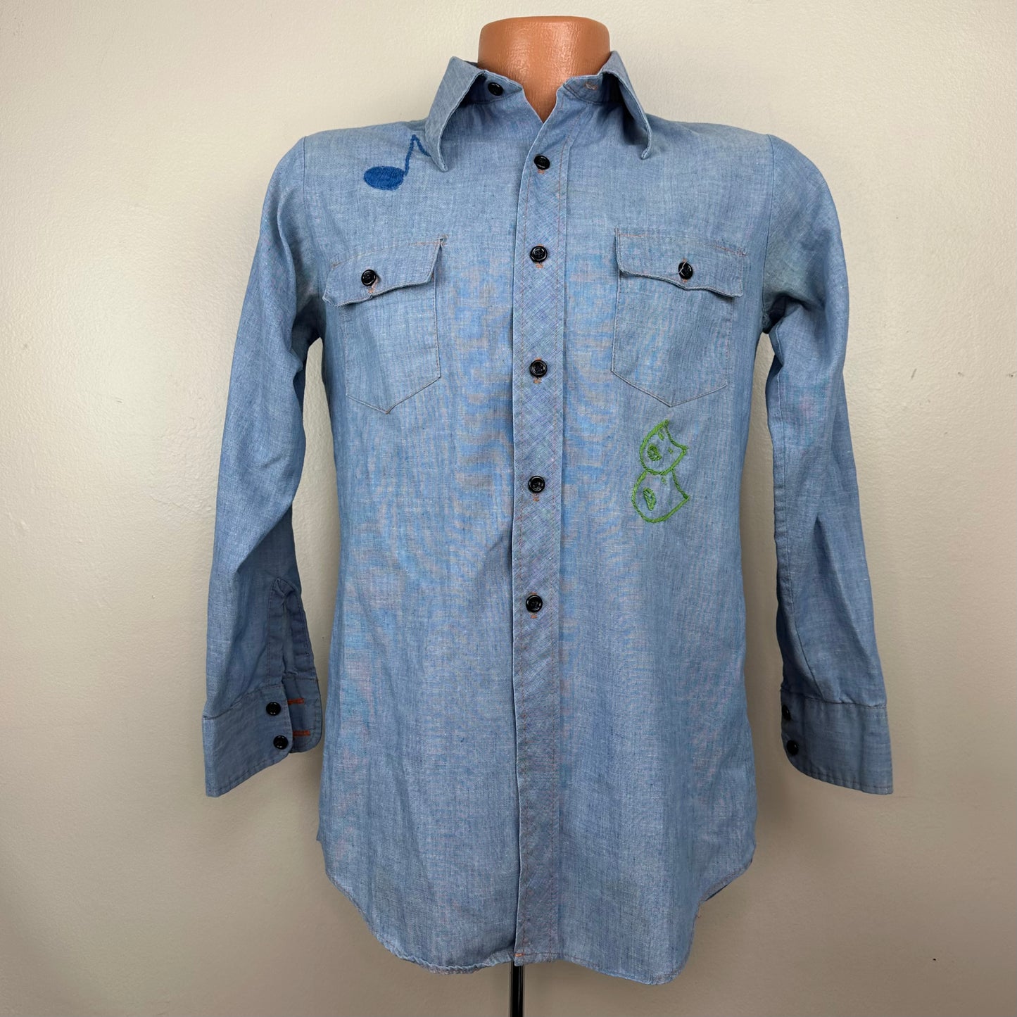 1970s Chambray Shirt with Embroidery, Towncraft Size Small