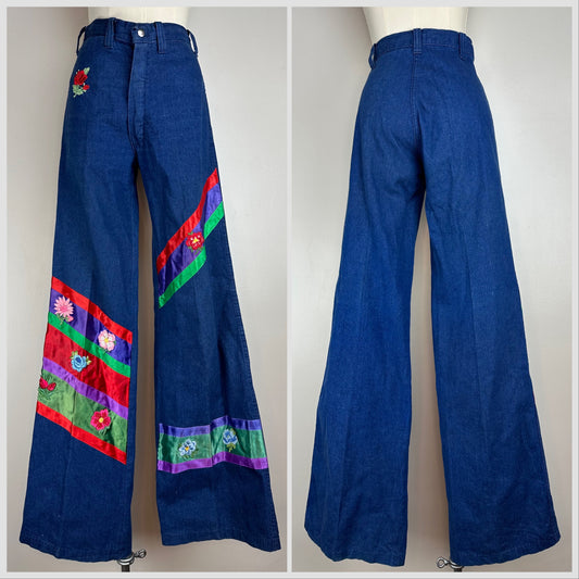 1970s Embellished Bell Bottom Blue Jeans, 28x36.5, Ribbons and Flower Patches