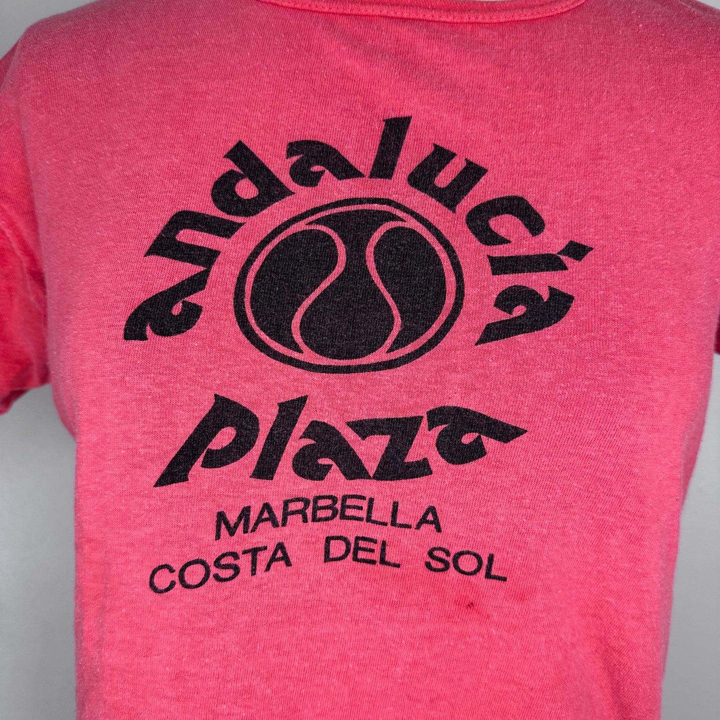 1970s Andalucia Plaza Marbella Costa del Sol Spain Souvenir T-Shirt, Size Small, Faded Red, Distressed