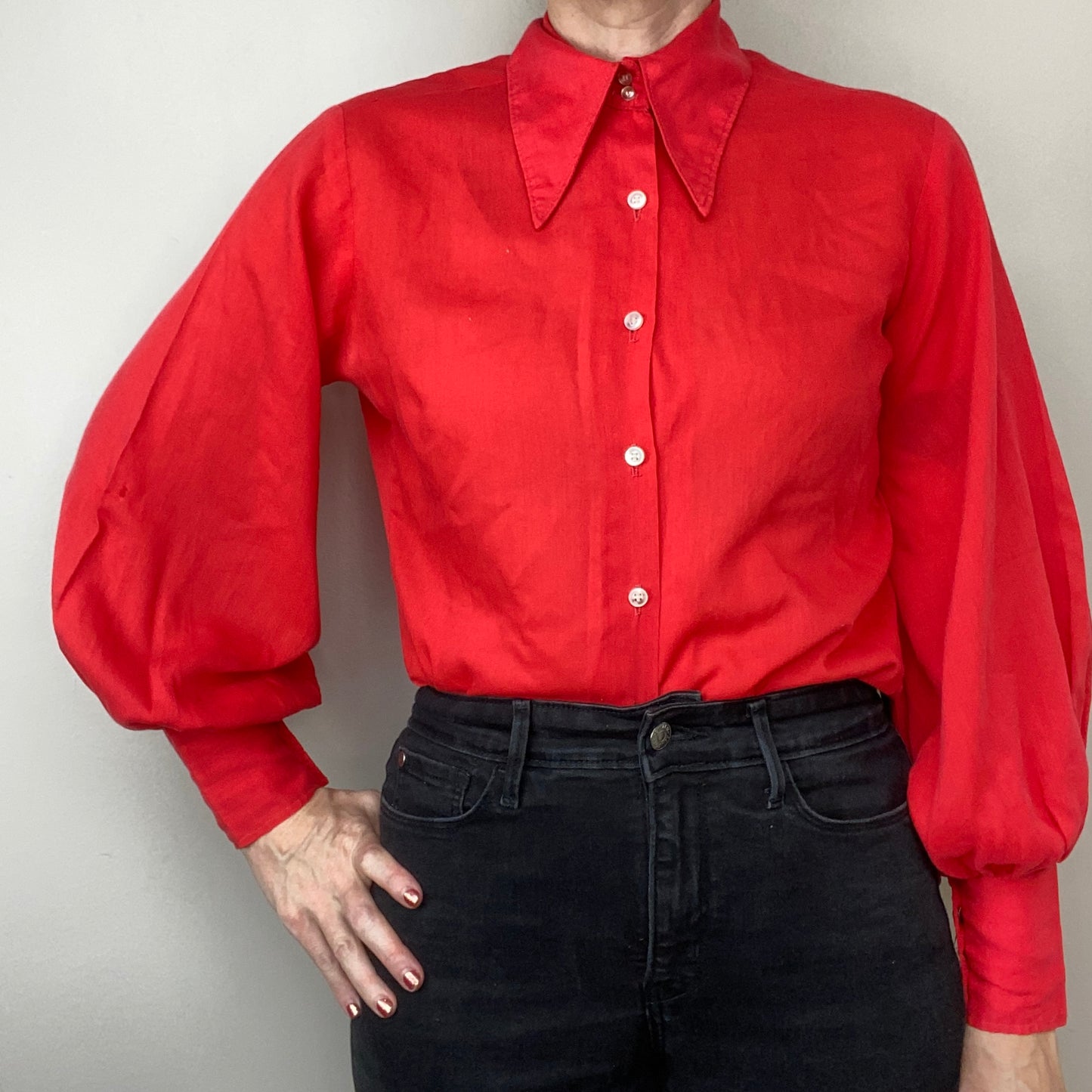 1960s Red Blouse, Size Medium, Dagger Collar, Balloon Sleeves