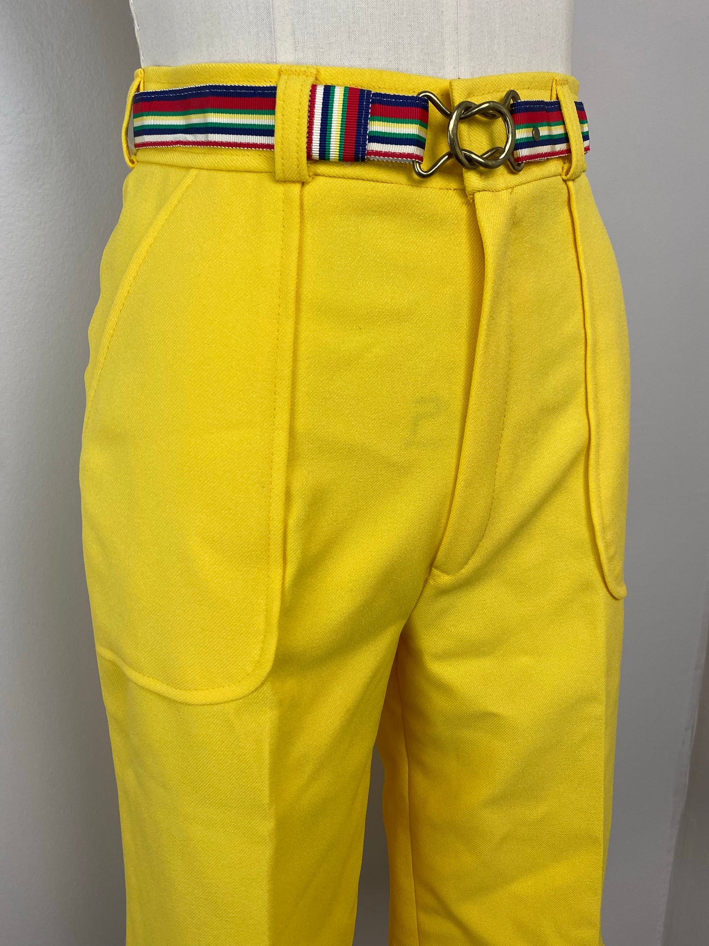 1970s Cropped Yellow Pants, Sears Mates, Size XS, 25.5"x16", plus Striped Ribbon Belt