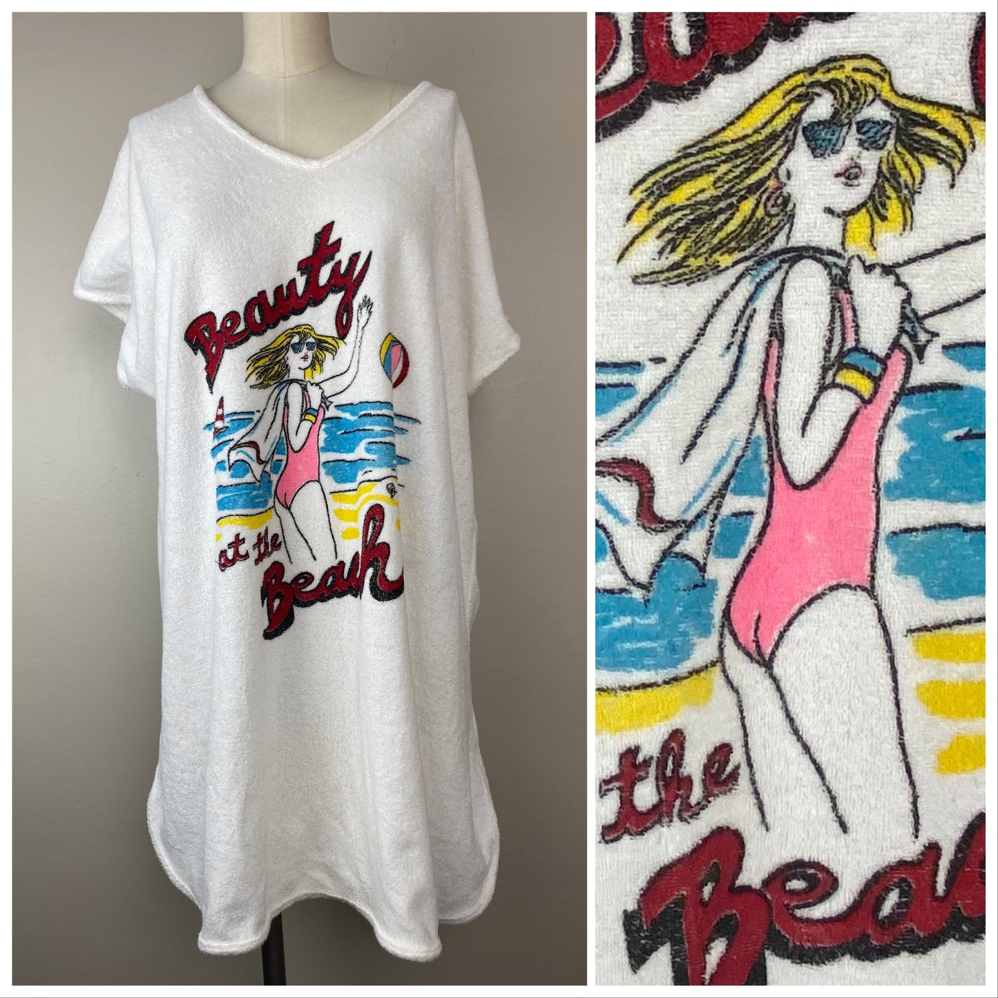 1980s Terry Cloth Bathing Suit Swim Cover Up, Beauty at the Beach, Heather Collection