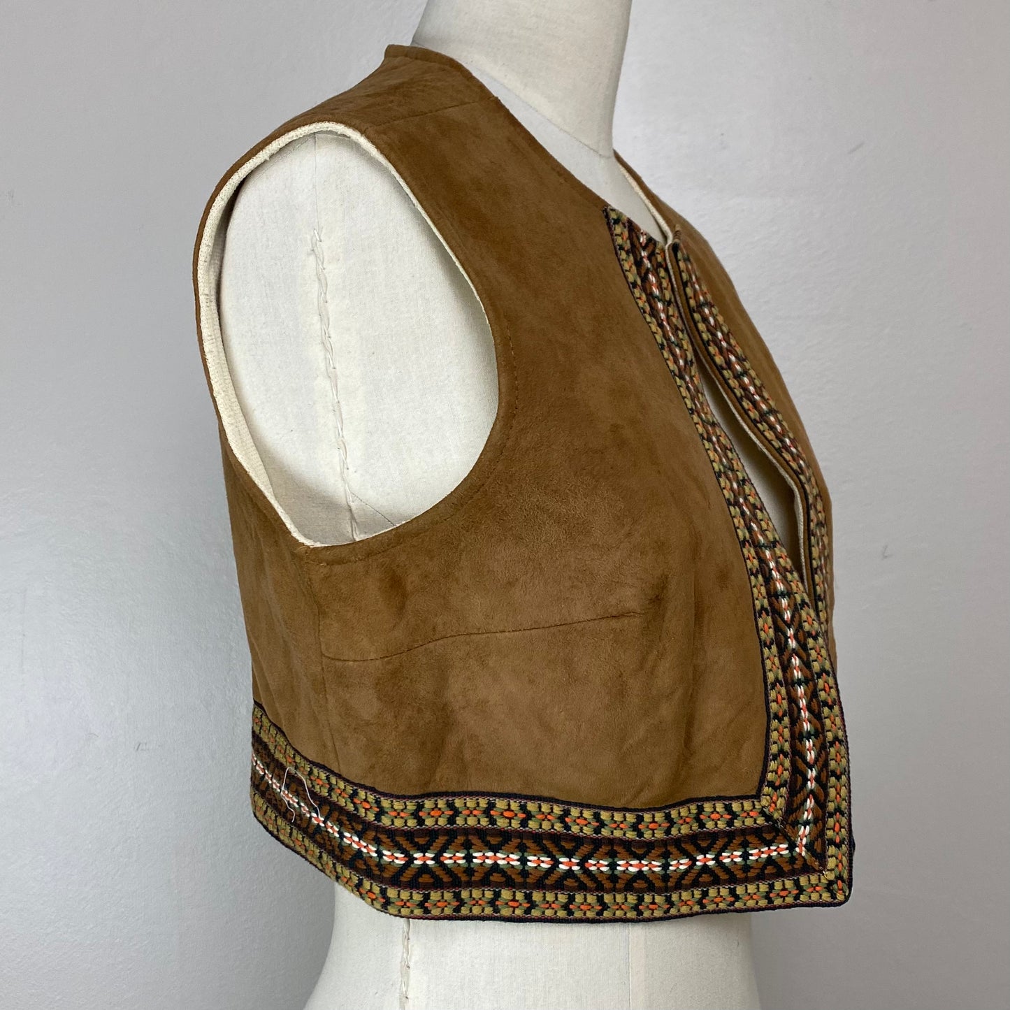 1960s Cropped Suede Vest with Boho Trim, Size XS/S