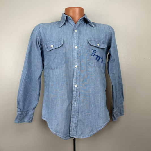 1970s Chambray Shirt with Embroidery, Golden Line size Small