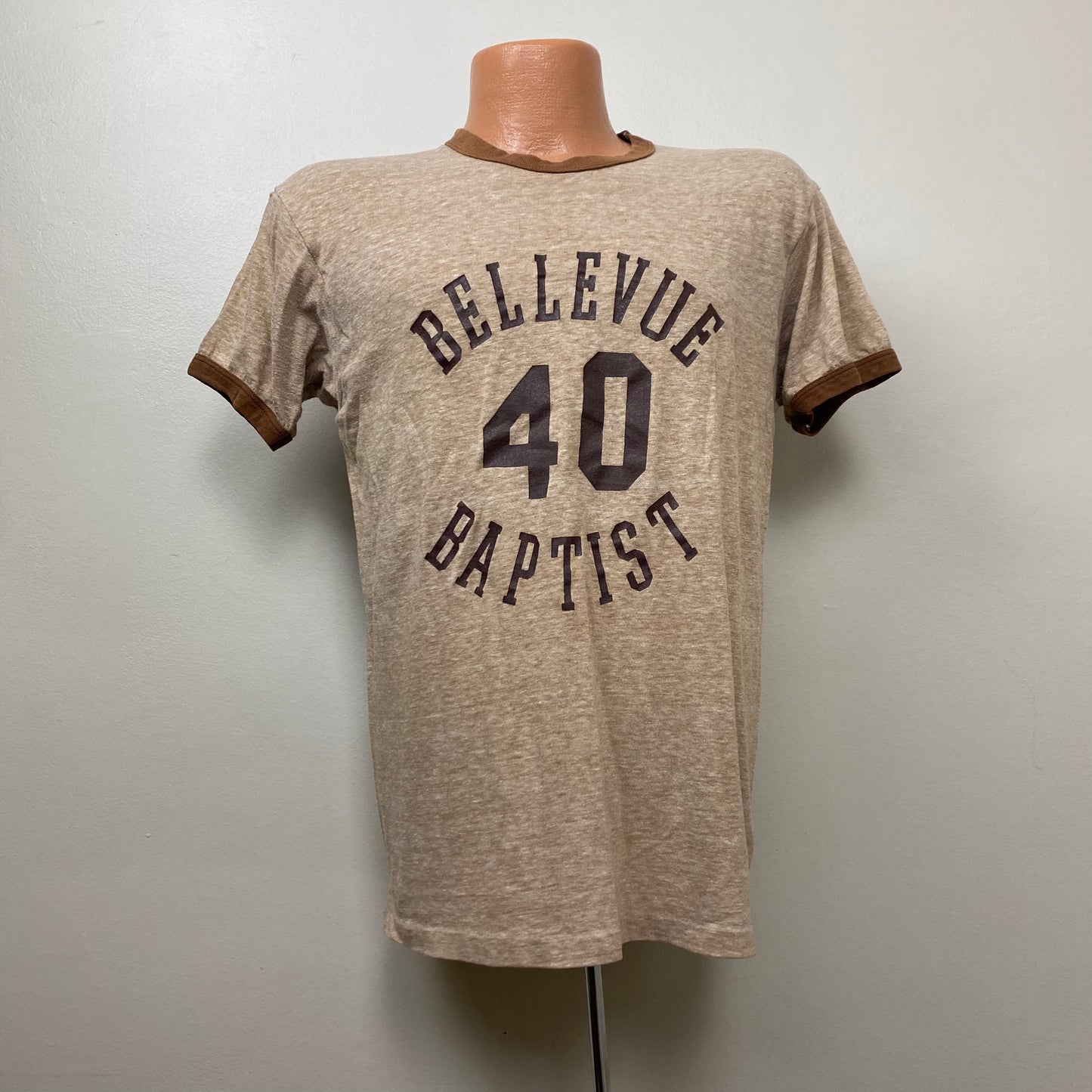 1970s Bellevue Baptist T-Shirt, Sports Ringer Tee, Hanes Size Medium