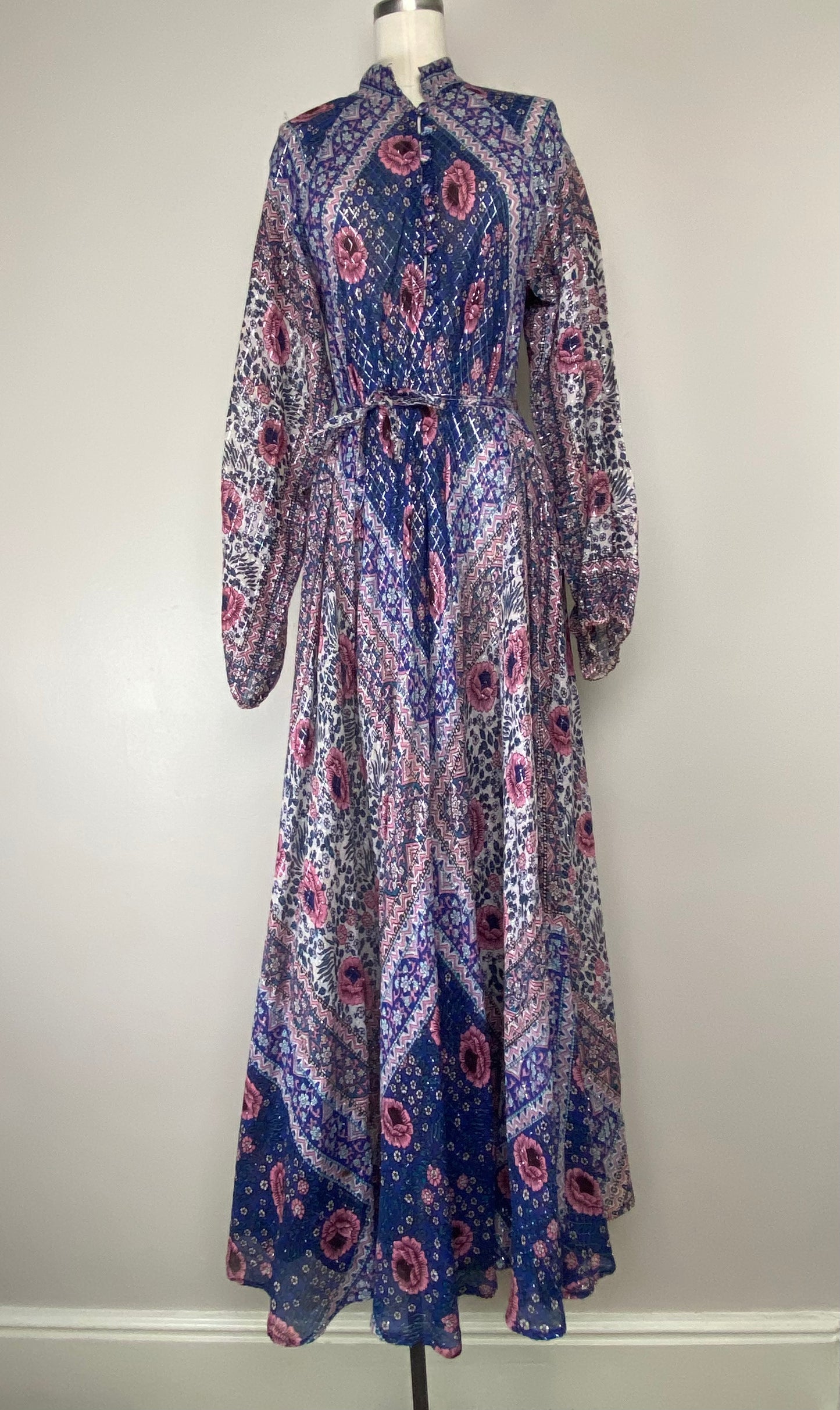 1970s Sultana by Adini Maxi Dress, Purple Floral with Metallic