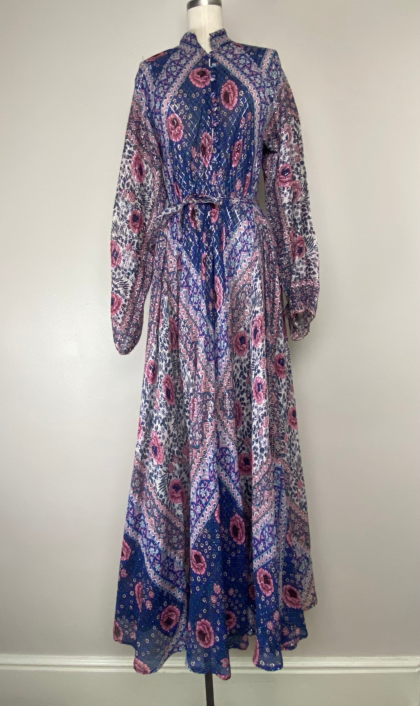 1970s Sultana by Adini Maxi Dress, Purple Floral with Metallic Thread ...