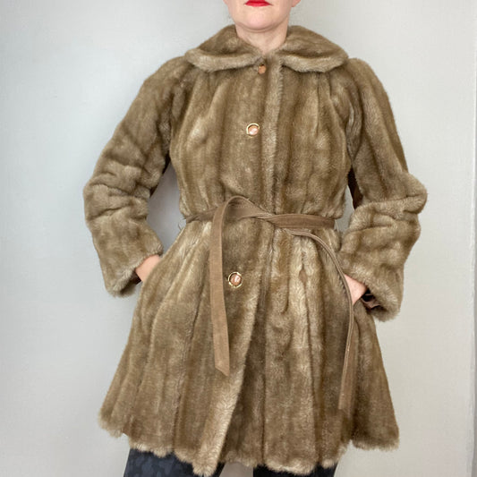1970s Brown Faux Fur and Leather Coat, Size Small, Belted