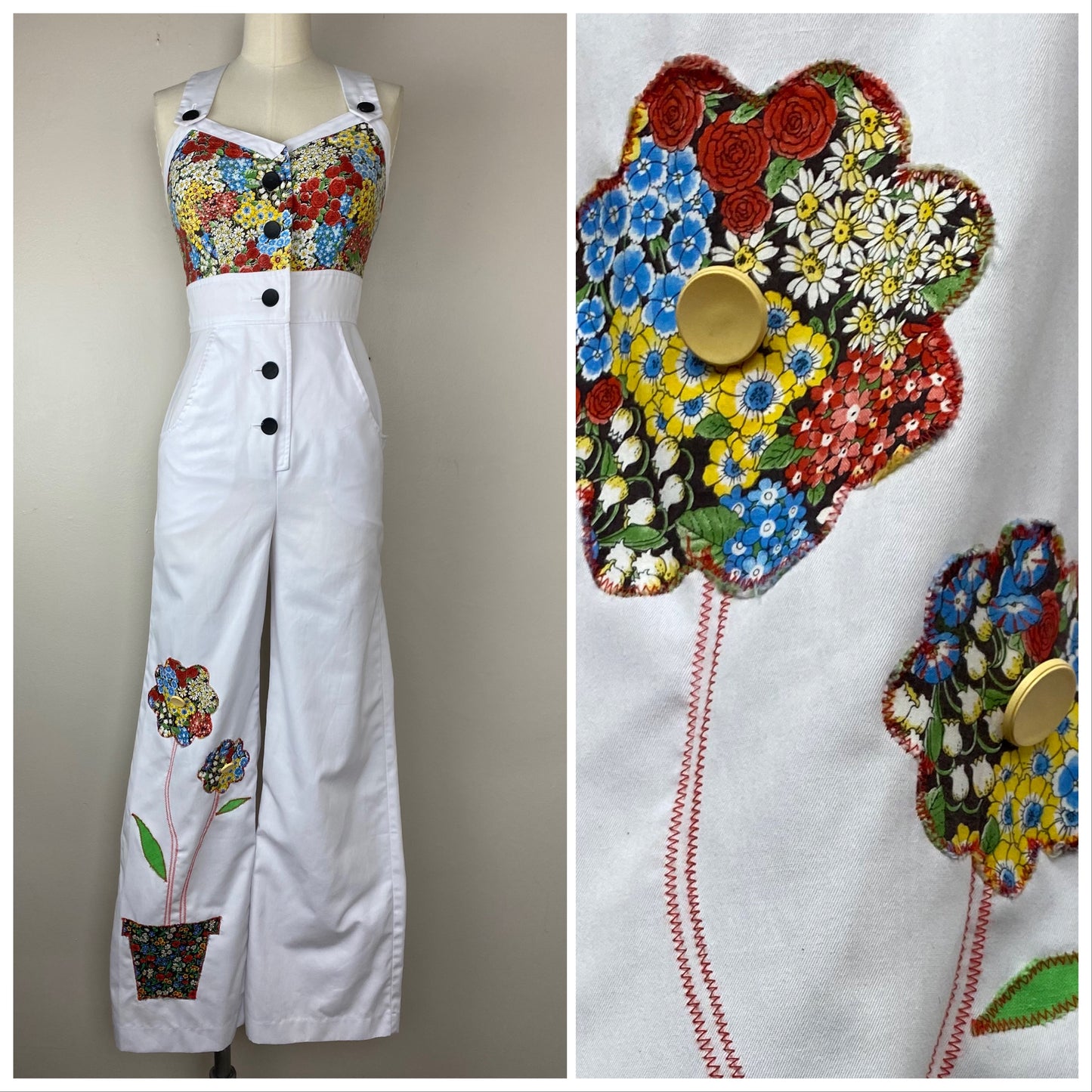 1970s Floral Appliqué Jumpsuit, Vicky Vaughn, Size XS, Flare Leg