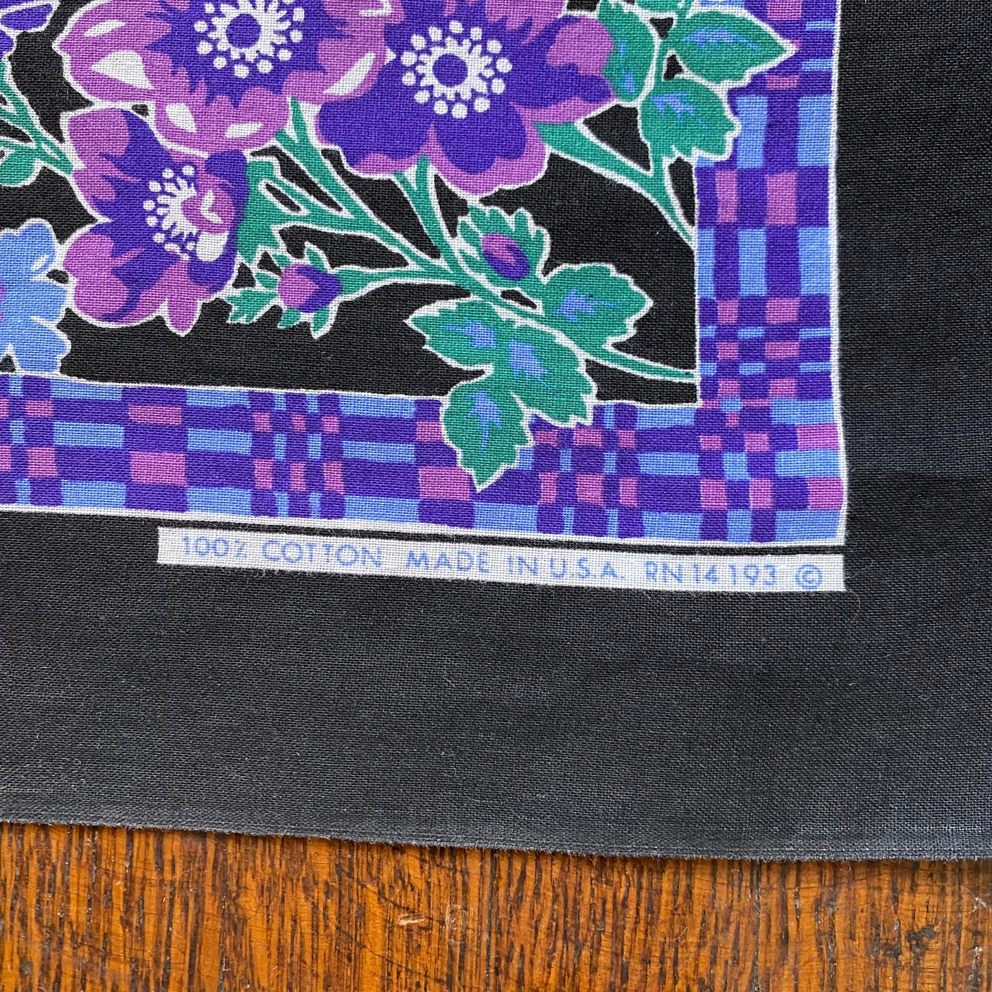 1970s/80s Black and Purple Floral Bandana, RN 14193, 100% Cotton, USA, Selvage Edge