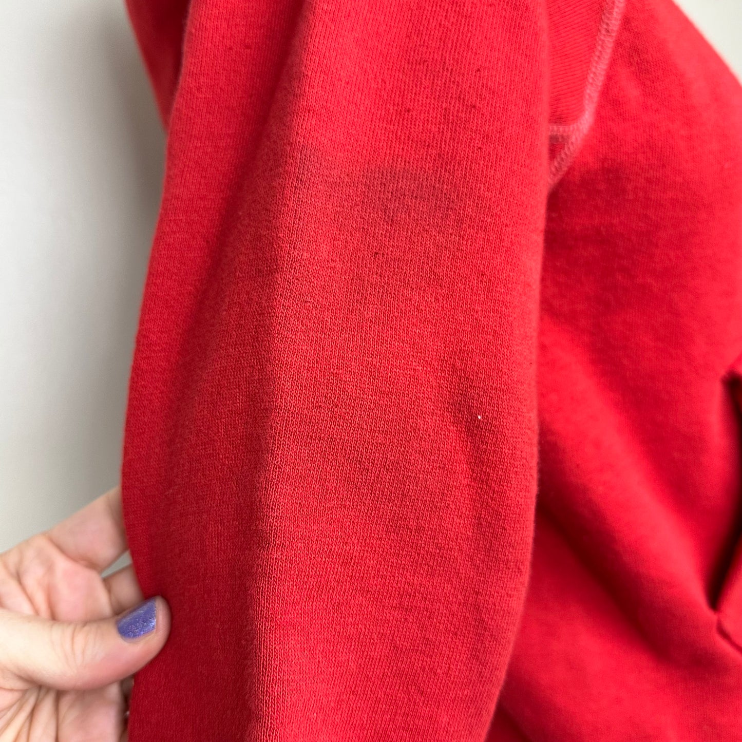 1960s/70s Red Blank Hooded Sweatshirt, Size XS, Underarm Gussets, Distressed