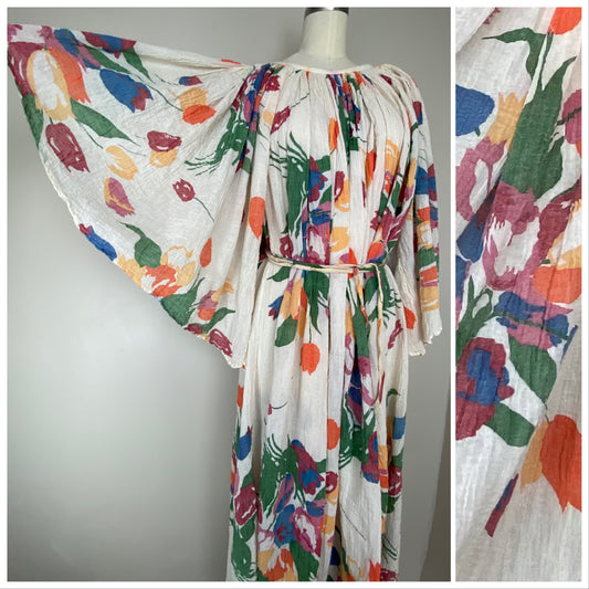 1970s Amerikan Climax Angel Sleeves Floral Print Cotton Gauze Maxi Dress, Open Sizing