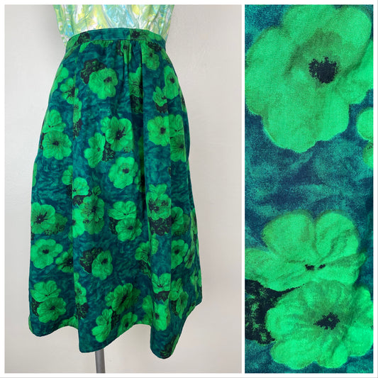 1960s Green Floral Skirt, Homemade, Size Small, 27.5" Waist